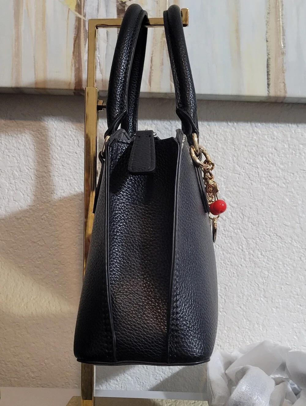 NWT GUESS Davina Charms Black Satchel Handbag with Gold Chain and Charm Accents